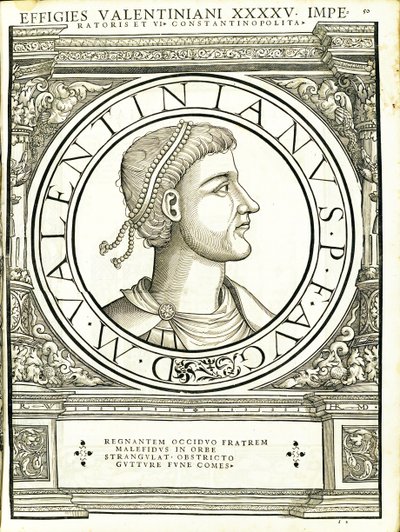 Valentinianus iunior, Illustration aus Imperatorum romanorum omnium orientalium et occidentalium verissimae imagines ex antiquis numismatis von Hans Rudolf Manuel Deutsch